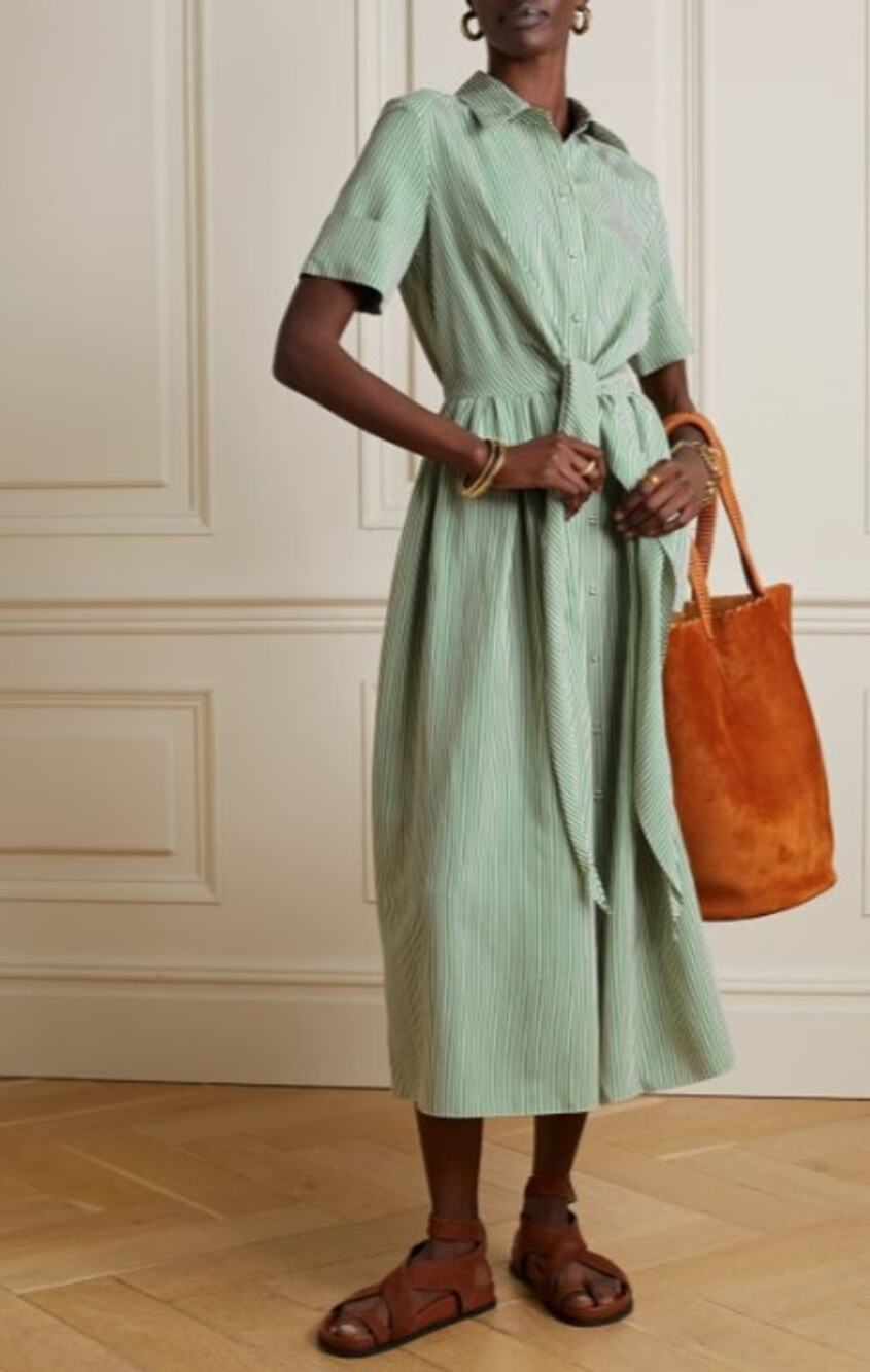 ADAM LIPPES Attacher Tie-front Striped Midi Maxi Shirt Dress Green Size 10 $1350